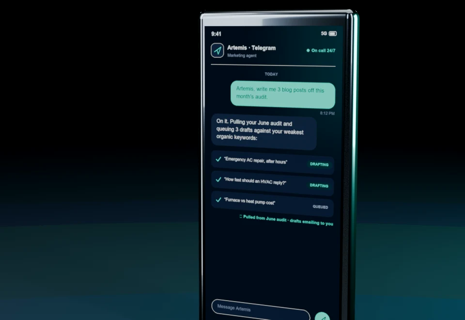 Artemis on Telegram, on the Miura device, pulling this month's audit and drafting three blog posts.