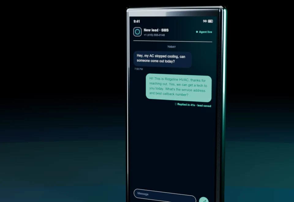 The Speed-to-Lead SMS agent on the Miura device, answering a new lead about a broken AC in 41 seconds.